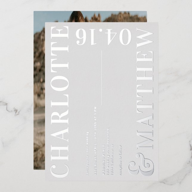 Invitation En Aluminium Gris moderne noms gris mariage photo argent (Recto/Verso)