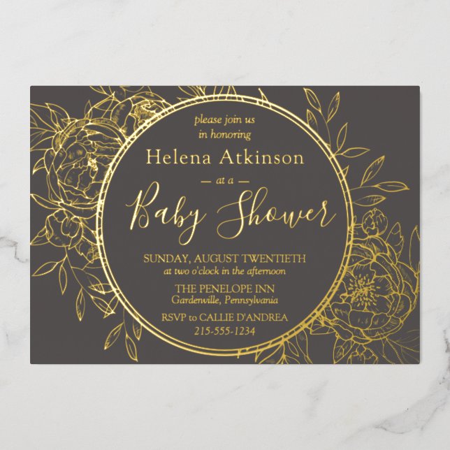 Invitation En Aluminium Gris & Or Moderne Peony Toile Baby shower (Recto)