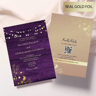 Invitation En Aluminium Guirlande Lumineuse Or Violet Mariage QR Code