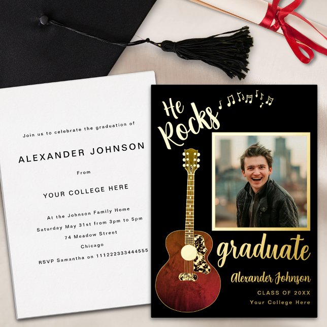 Invitation En Aluminium Guitare photo moderne noir et or (Modern Graduate photo cool guitar he rocks quote black and gold foil graduation party invitation )