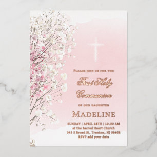 Invitation En Aluminium gypsophile de bébé aquarelle rose    Première comm