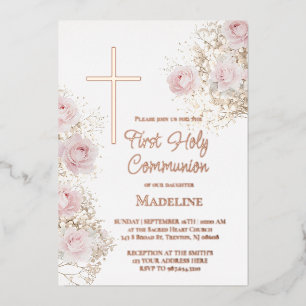 Invitation En Aluminium gypsophile et roses roses Première Communion