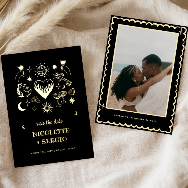 Invitation En Aluminium Hand Drawn Celestial Wedding Save the Date in Gold (Créateur téléchargé)