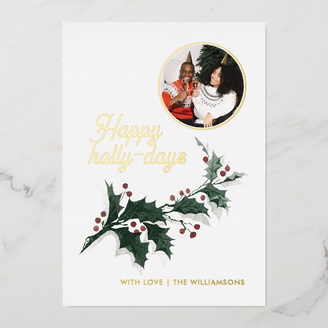 Invitation En Aluminium Happy Holly Days Famille Photo Holiday Gold (Recto)