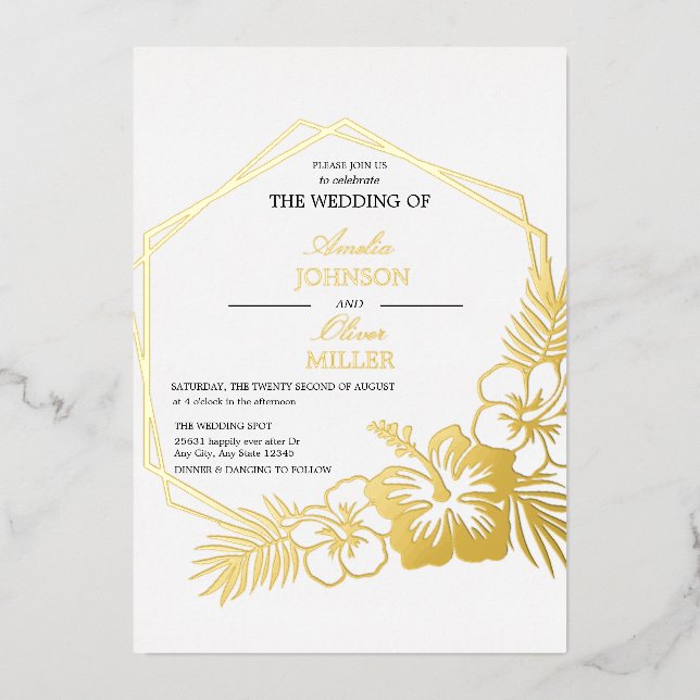 Invitation En Aluminium Hibiscus Floral Hexagon Mariage Or (Recto)