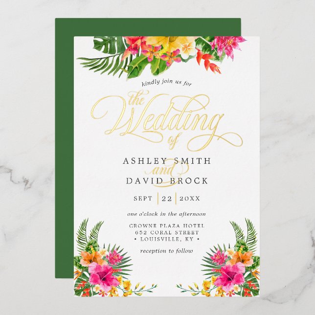 Invitation En Aluminium Hibiscus tropical Mariage de calligraphie florale (Recto/Verso)