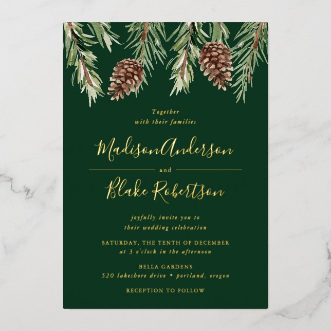 Invitation En Aluminium Hiver Aquarelle Pine Cône Mariage (Recto)