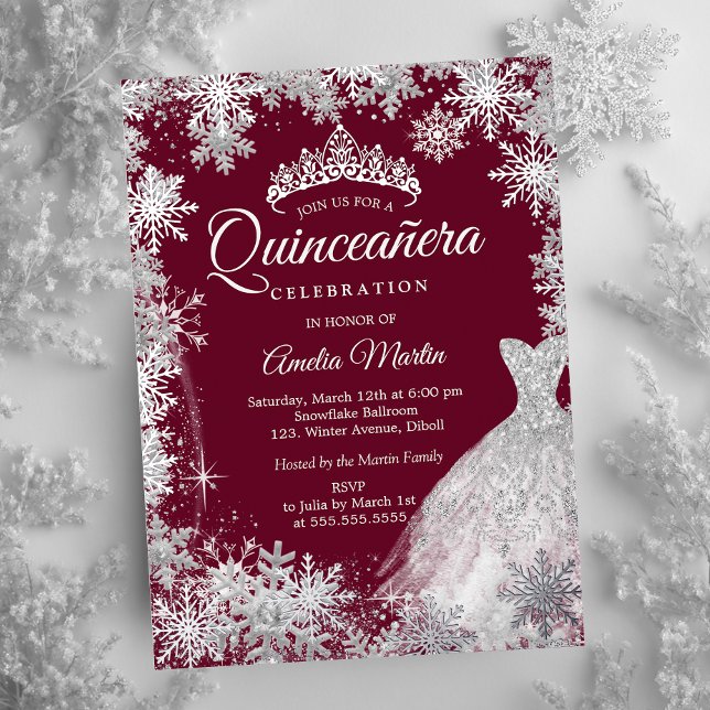 Invitation En Aluminium Hiver Bourgogne Robe de Feu de Neige Quinceanera (Créateur téléchargé)