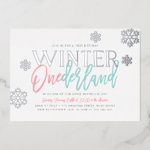 Invitation En Aluminium Hiver ONE derland 1er anniversaire Pink Blue Silve