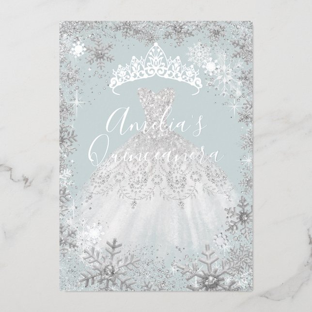 Invitation En Aluminium Hiver Silver Bleu Fléau de neige Quinceanera (Recto)