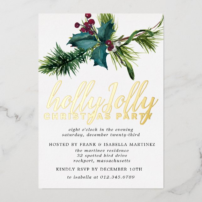 Invitation En Aluminium Holly and Red Berry Christmas Party Gold (Recto)