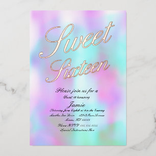 Invitation En Aluminium Holographique Sweet sixteen Or Pressé