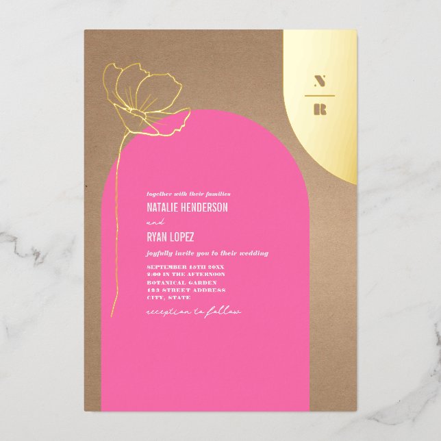 Invitation En Aluminium Huile de monogramme florale à arc rose chaud (Recto)