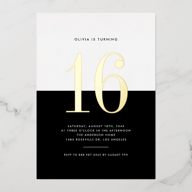 Invitation En Aluminium Huile d'or de Sweet sixteen noir et blanc moderne (Recto)