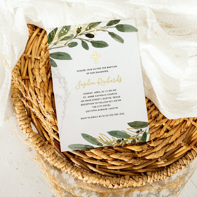 Invitation En Aluminium Huile d'or et Feuille d'olive méditerranéen Baptêm (Créateur téléchargé)