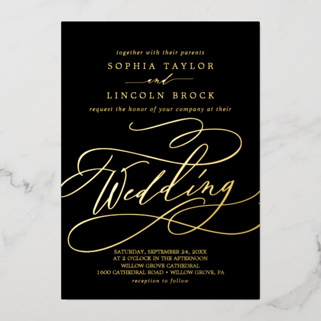 Invitation En Aluminium Huile d'or romantique | Black Flourish Mariage (Recto)