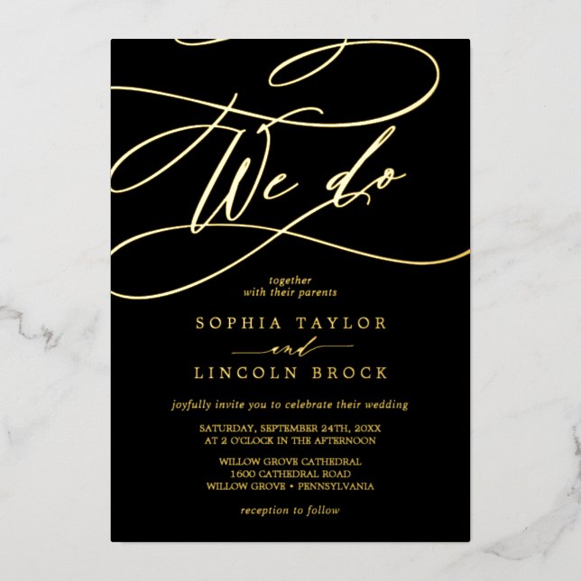 Invitation En Aluminium Huile d'or romantique | Black Flourish We Do Maria (Recto)