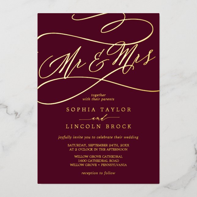Invitation En Aluminium Huile d'or romantique | Bourgogne M. & Mme Mariage (Recto)