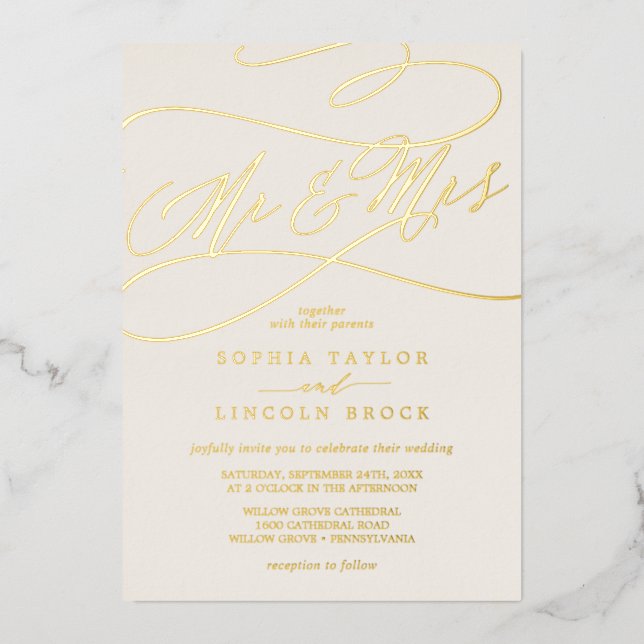 Invitation En Aluminium Huile d'or romantique | Ivory M. & Mme Mariage (Recto)