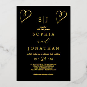 Invitation En Aluminium Huile d'or romantique   Mariage de monogramme noir