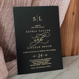 Invitation En Aluminium Huile d'or romantique   Mariage de monogramme noir