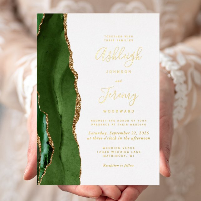 Invitation En Aluminium Hunter Green Gold Agate Mariage moderne (Créateur téléchargé)