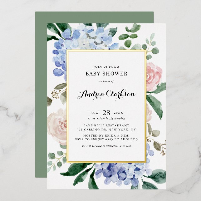 Invitation En Aluminium Hydrangées bleues et Baby shower de roses roses ro (Recto/Verso)