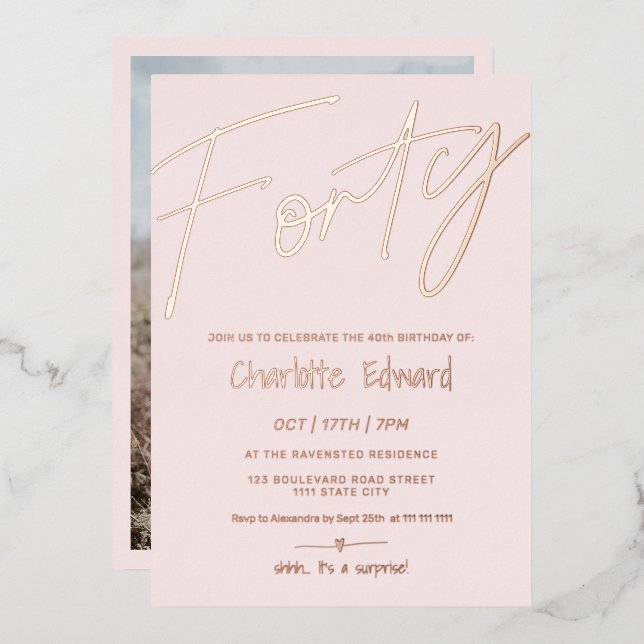 Invitation En Aluminium Impression photo minimaliste moderne rose vif 40e (Recto/Verso)