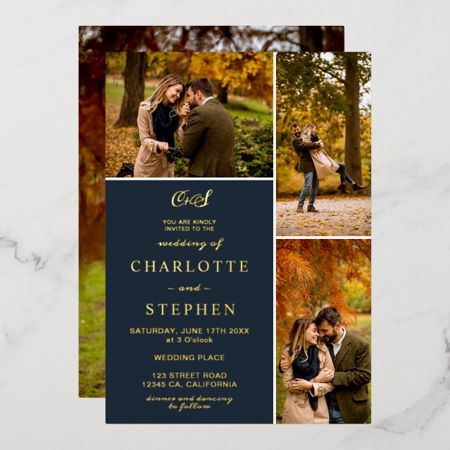 Invitation En Aluminium Initiales modernes 4 photos grille mariage marine  (Recto/Verso)
