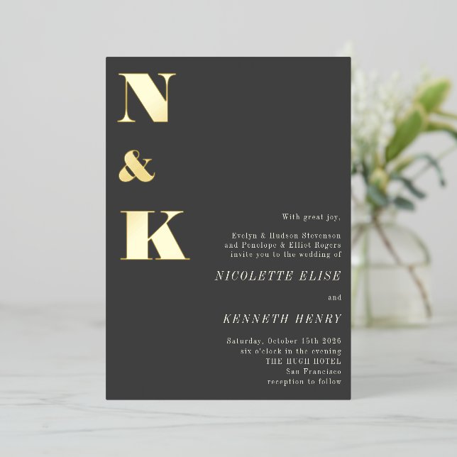 Invitation En Aluminium Initiales Monogrammes modernes Noir Gras Mariage O (Debout devant)