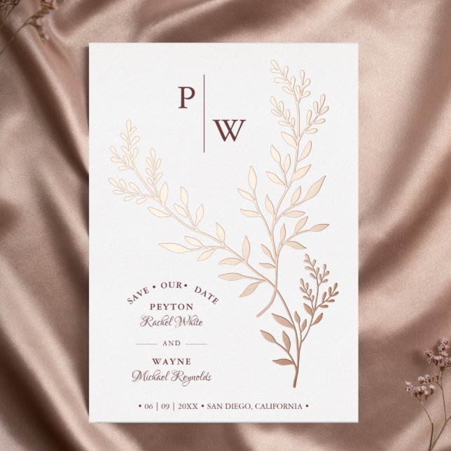 Invitation En Aluminium Initiales Véritable Rose de luxe Branches Botaniqu (Créateur téléchargé)