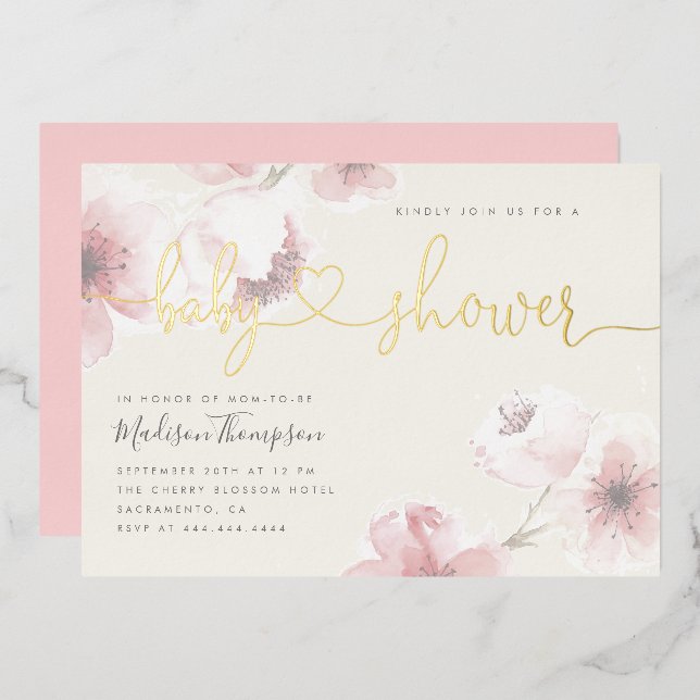 Invitation En Aluminium Ivoire | Baby shower floral en fleurs de cerisier (Recto/Verso)