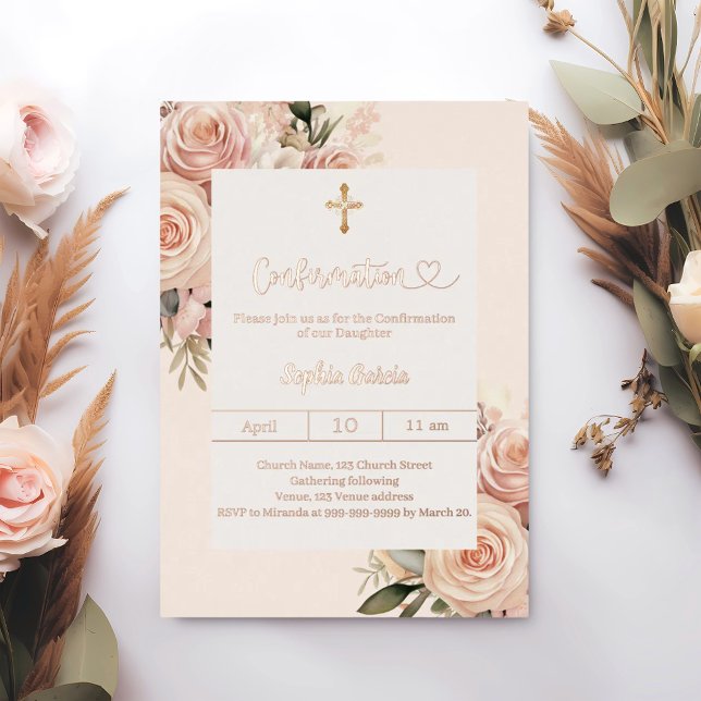 Invitation En Aluminium Ivory dusty rose florals luxury Confirmation (Créateur téléchargé)