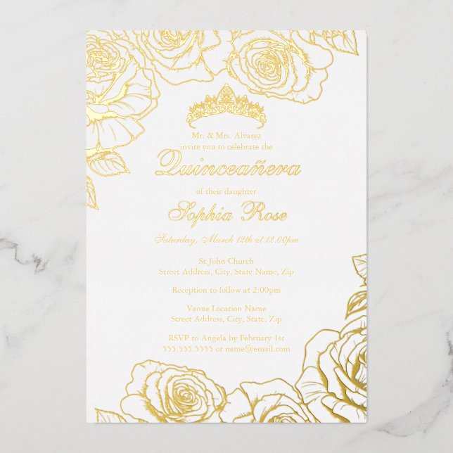 Invitation En Aluminium Jardin de Rose d'or blanc Quinceanera (Recto)