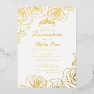 Invitation En Aluminium Jardin de roses en or blanc pour Quinceanera