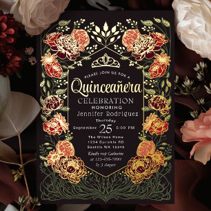 Invitation En Aluminium Jardin Enchanté Rouge et Noir Fleurs Quinceanera