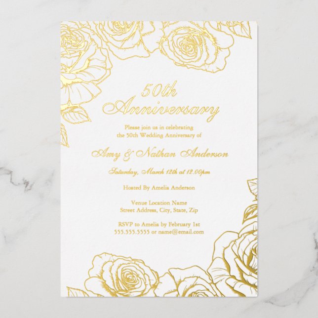 Invitation En Aluminium Jardin Rose d'or blanc 50e anniversaire de Mariage (Recto)