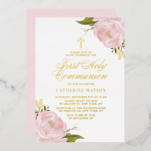 Invitation En Aluminium Jardin rose vif Rose Première Sainte Communion Or