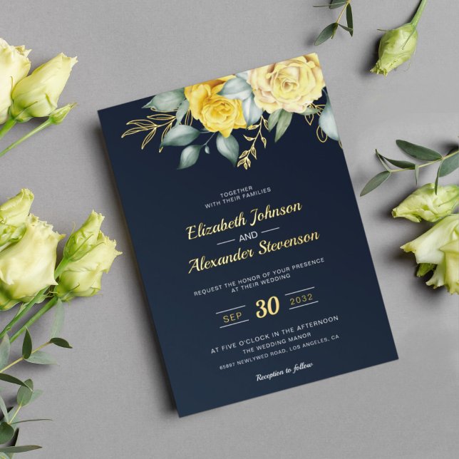 Invitation En Aluminium Jaune fleurie classe verdure bleu marine mariage (Créateur téléchargé)