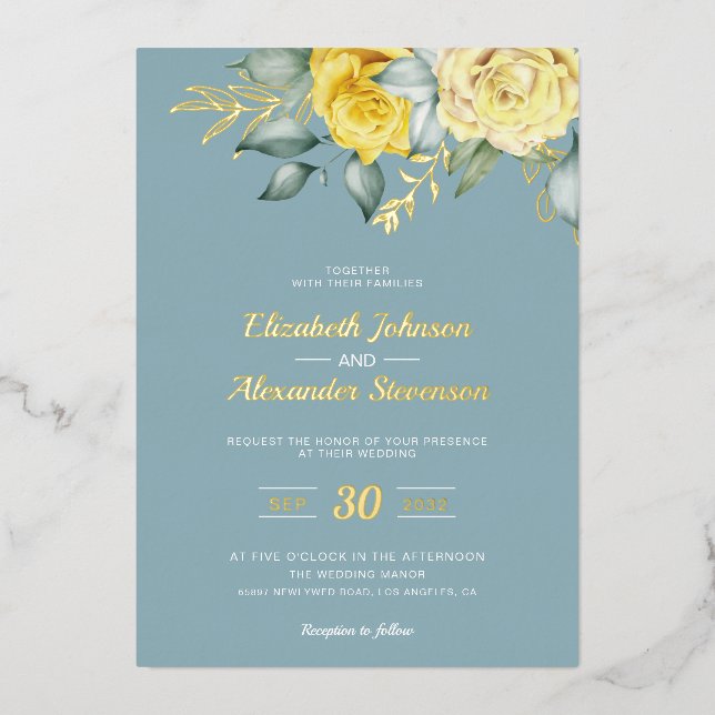 Invitation En Aluminium Jaune fleurie classe verdure bleu poussiéreux mari (Recto)