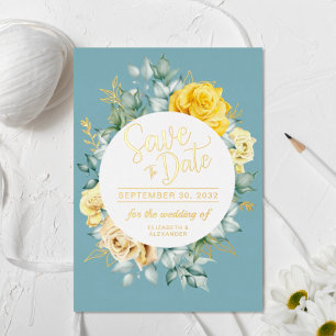 Invitation En Aluminium Jaune floral classe bleu poussiéreux mariage Enreg