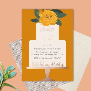Invitation En Aluminium Jaune Moderne Fleur Gâteau Anniversaire Or