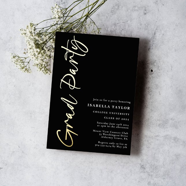 Invitation En Aluminium Jeu de graduation Black Gold Script moderne (Créateur téléchargé)