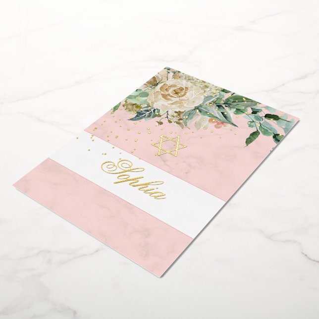 Invitation En Aluminium Jeune fille juive Gold Baby Nommer rose Roses Reli (Rotation)