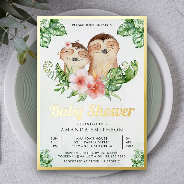 Invitation En Aluminium Joli adorable floral Sloth Twins Baby shower or (Créateur téléchargé)