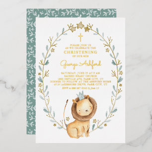 Invitation En Aluminium Joli prince lion aquarelle baptême bébé garçon