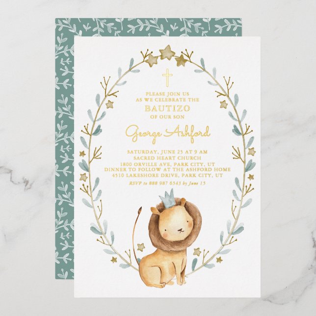 Invitation En Aluminium Jolie aquarelle Lion Prince Baby Boy Bautizo (Recto/Verso)
