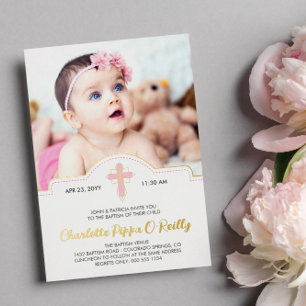 Invitation En Aluminium Jolie Croix Rose Script Photo Fille Baptême Feuill