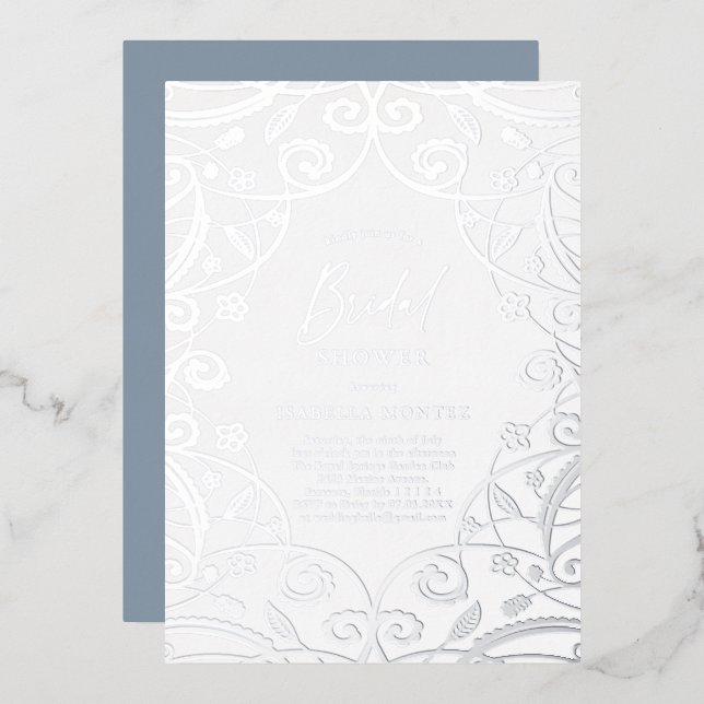Invitation En Aluminium Jolie Fête des mariées florale d'argent bleu doux (Recto/Verso)