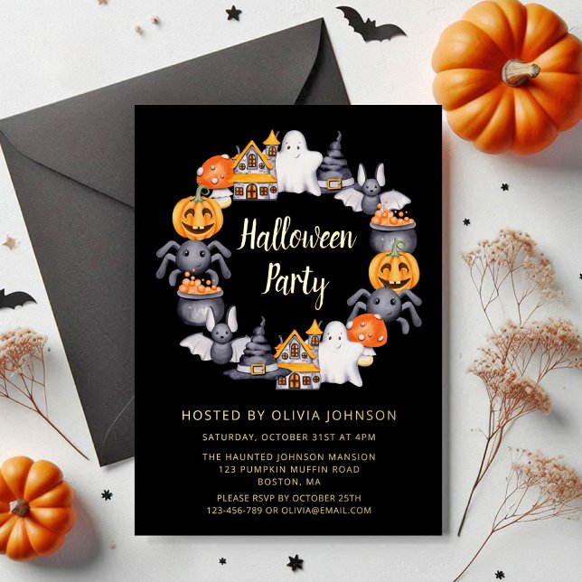 Invitation En Aluminium Jolie fête d'Halloween noir (Cute Black Happy Halloween Illustration Party Foil Invitation)